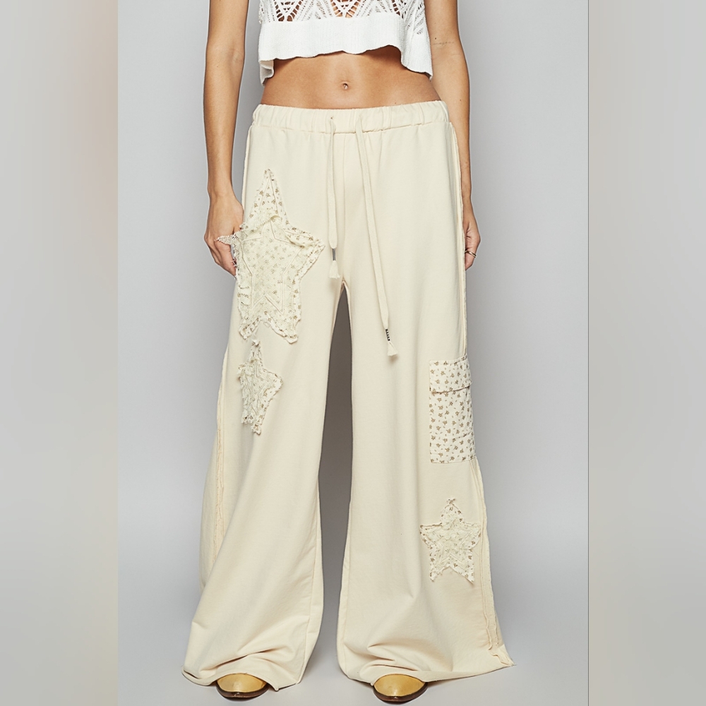 POL TERRY WIDE-LEG STAR PATCHWORK PANTS